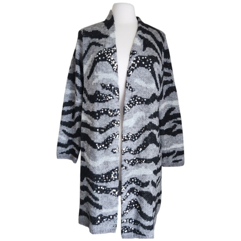 Chico's Jovi Long Zebra Mohair Wool Cardigan Women's L 12 2 Sequins Open Front